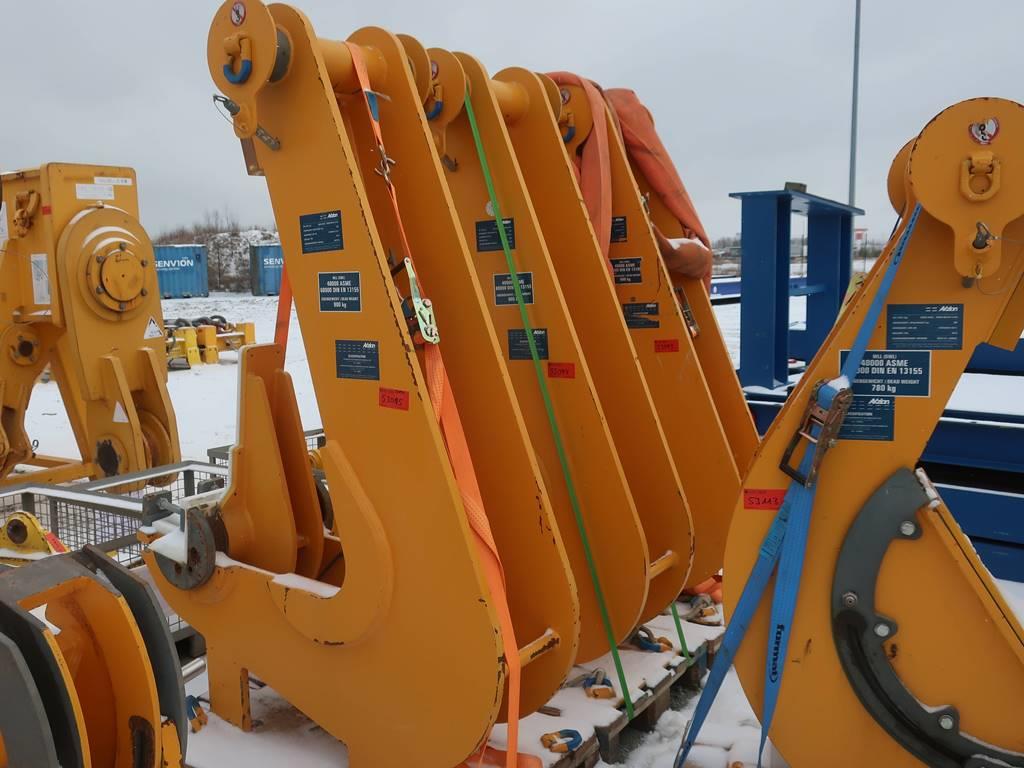 Lifting equipment sets for construction, service and replacement of large components, transport / storage racks, tools for onshore / offshore wind turbines