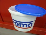 white buckets + blue lids